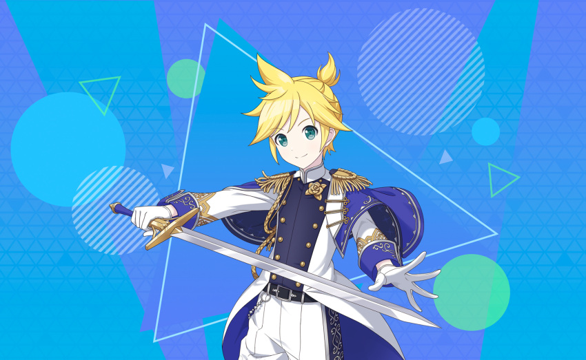 1boy aiguillette bangs belt black_belt blonde_hair blue_background blue_capelet buttons capelet circle collared_jacket colorful_palette cowboy_shot dot_nose double-breasted epaulettes fighting_stance flower fringe_trim gloves green_eyes high_collar high_ponytail highres holding holding_sword holding_weapon jacket kagamine_len looking_at_viewer male_focus official_art outstretched_arms pants parted_bangs project_sekai rose screencap short_ponytail silver_trim simple_background smile sparkle_print striped striped_background sword tailcoat tassel triangle vocaloid weapon white_flower white_gloves white_jacket white_pants yellow_flower yellow_rose