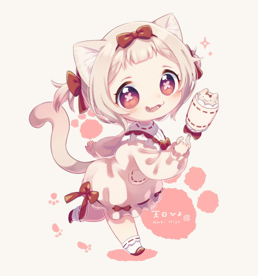 1girl :3 amai_hiyo amai_hiyo_channel animal_ears bangs bib bkzoza94vqpdesu bkzoza94vqpdesu's_sister blonde_hair blunt_bangs bow cat_ears cat_girl cat_tail character_name child eyelashes fang forehead frilled_sleeves frills full_body highres holding knee_up long_sleeves looking_at_viewer lower_teeth open_mouth paw_print pouch puffy_long_sleeves puffy_sleeves rattle red_bow red_eyes red_footwear red_ribbon ribbon second-party_source short_hair short_twintails simple_background skin_fang socks solo sparkle standing standing_on_one_leg symbol-shaped_pupils tail teeth twintails virtual_youtuber white_background