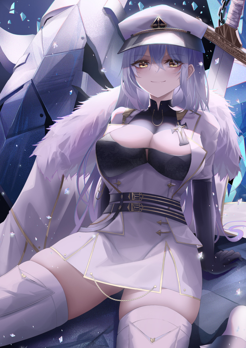 1girl absurdres arkhangelsk_(azur_lane) arm_support azur_lane bangs black_gloves breasts elbow_gloves fur_trim gloves grey_hair hair_between_eyes hat highres long_hair looking_at_viewer medium_breasts military_hat sitting skindentation smile solo sword taut_legwear thighhighs thighs turbulence wariza weapon white_legwear