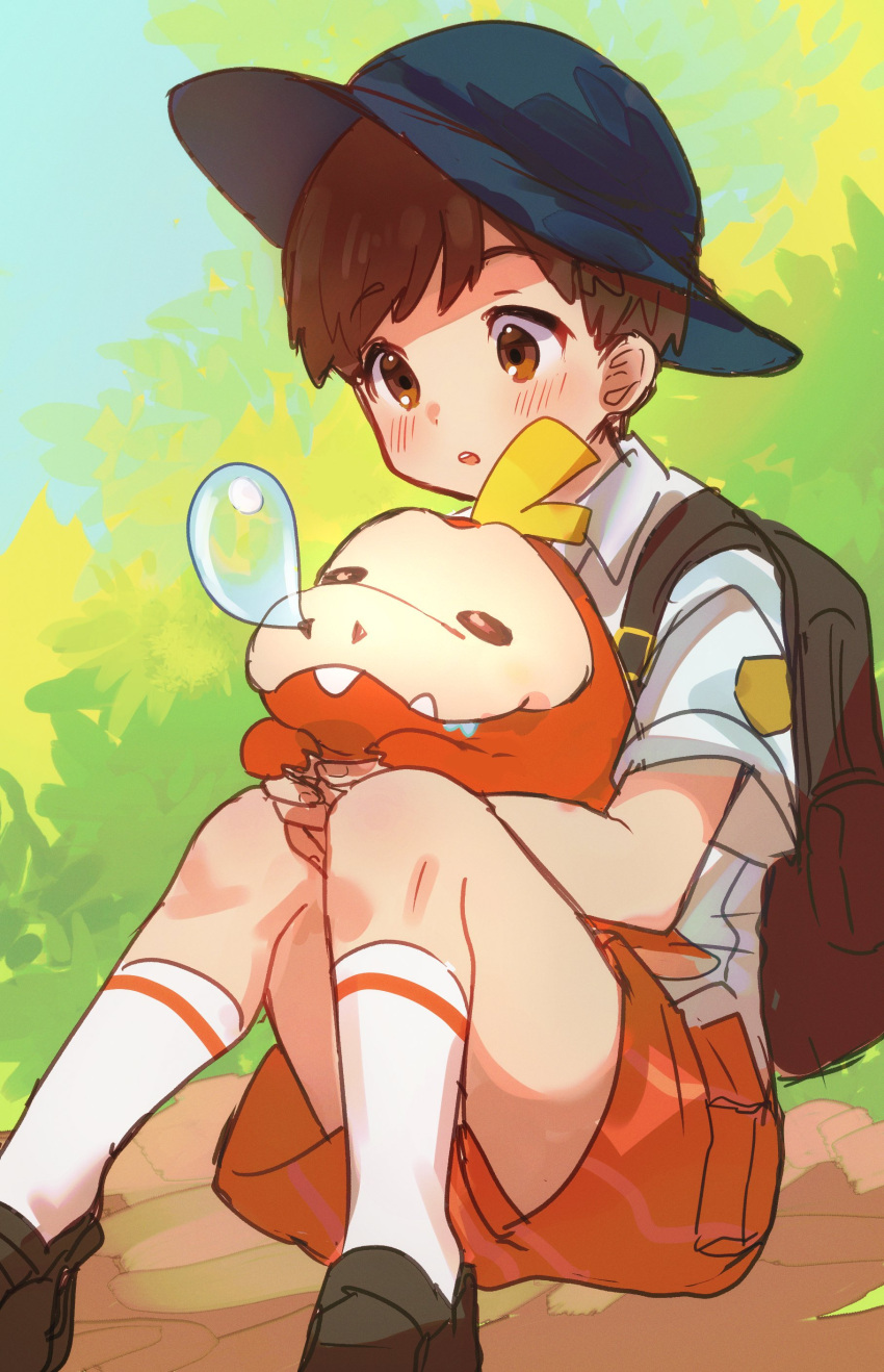 1boy :o absurdres backpack bag bangs blush brown_bag brown_eyes brown_footwear brown_hair collared_shirt commentary_request day eyebrows_visible_through_hair fuecoco hat highres holding holding_pokemon knees male_focus male_protagonist_(pokemon_sv) on_lap orange_shorts outdoors pokemon pokemon_(creature) pokemon_(game) pokemon_on_lap pokemon_sv satoe shirt shoes short_hair short_sleeves shorts sitting socks teeth upper_teeth white_legwear