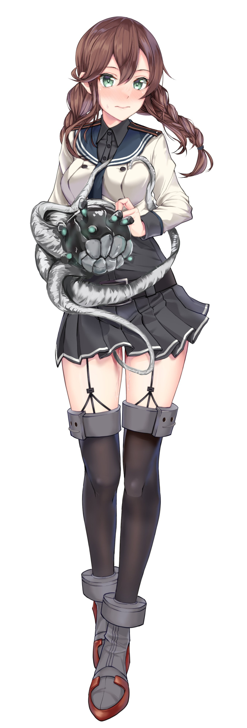 1girl absurdres belt belt_buckle black_belt black_legwear blue_neckerchief blue_sailor_collar blush braid breasts bright_pupils brown_hair buckle buttons closed_mouth collared_shirt double-breasted enemy_naval_mine_(kancolle) eyebrows_visible_through_hair full_body garter_straps green_eyes grey_shirt grey_skirt hair_between_eyes highres holding kantai_collection long_hair long_sleeves medium_breasts nagisa_nagi neckerchief noshiro_(kancolle) noshiro_kai_ni_(kancolle) pleated_skirt pussy_juice rudder_footwear sailor_collar shirt simple_background skirt solo squirm tachi-e teeth tentacles thighhighs twin_braids white_background