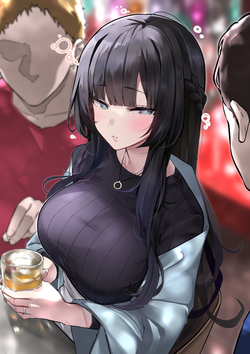 1girl 2boys absurdres bangs black_hair black_shirt blue_eyes blush braid breasts collarbone cup drunk french_braid highres large_breasts long_hair long_sleeves mitsudoue multiple_boys original ribbed_shirt shawl shirt short_hair sidelocks skirt white_skirt