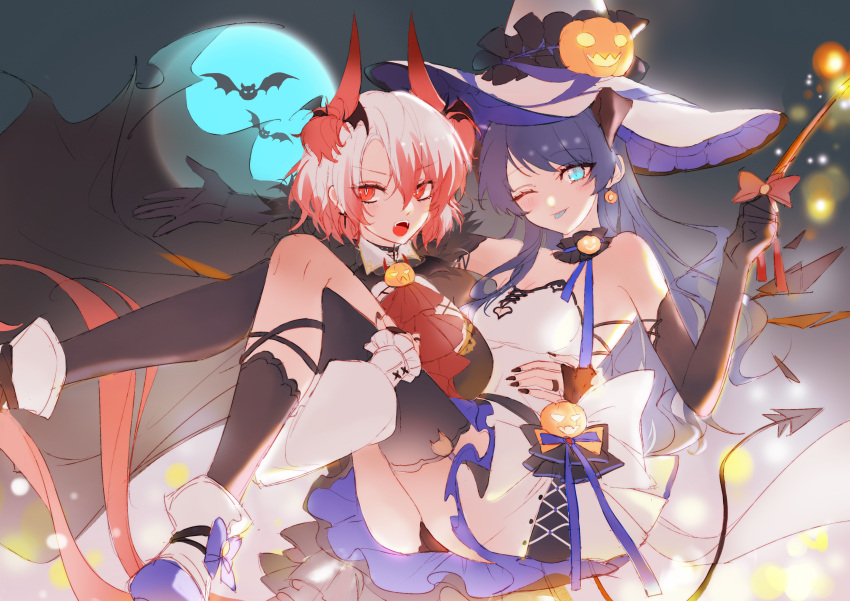 2girls :o absurdres alternate_costume animal_ears arknights ascot ass asymmetrical_legwear bare_shoulders bat bird_ears black_cape black_collar black_gloves black_headwear black_legwear black_panties black_wings blue_ascot blue_eyes blue_moon blue_tongue blush boots bow breasts cape carrying cleavage_cutout clothing_cutout collar colored_tongue demon_girl demon_horns demon_tail detached_sleeves detached_wings dress ear_piercing elbow_gloves energy_wings eyebrows_visible_through_hair fangs gloves hair_between_eyes halloween_costume hat hat_ornament highres holding holding_wand horns long_hair looking_at_viewer luren_max moon mostima_(arknights) multicolored_hair multiple_girls off-shoulder_dress off_shoulder one_eye_closed open_mouth panties piercing princess_carry pumpkin pumpkin_hat_ornament red_bow red_eyes red_hair short_hair single_sock single_thighhigh small_breasts socks streaked_hair suffering_(arknights) tail thighhighs underwear v-shaped_eyebrows wand white_dress white_footwear white_hair wings witch_hat yuri