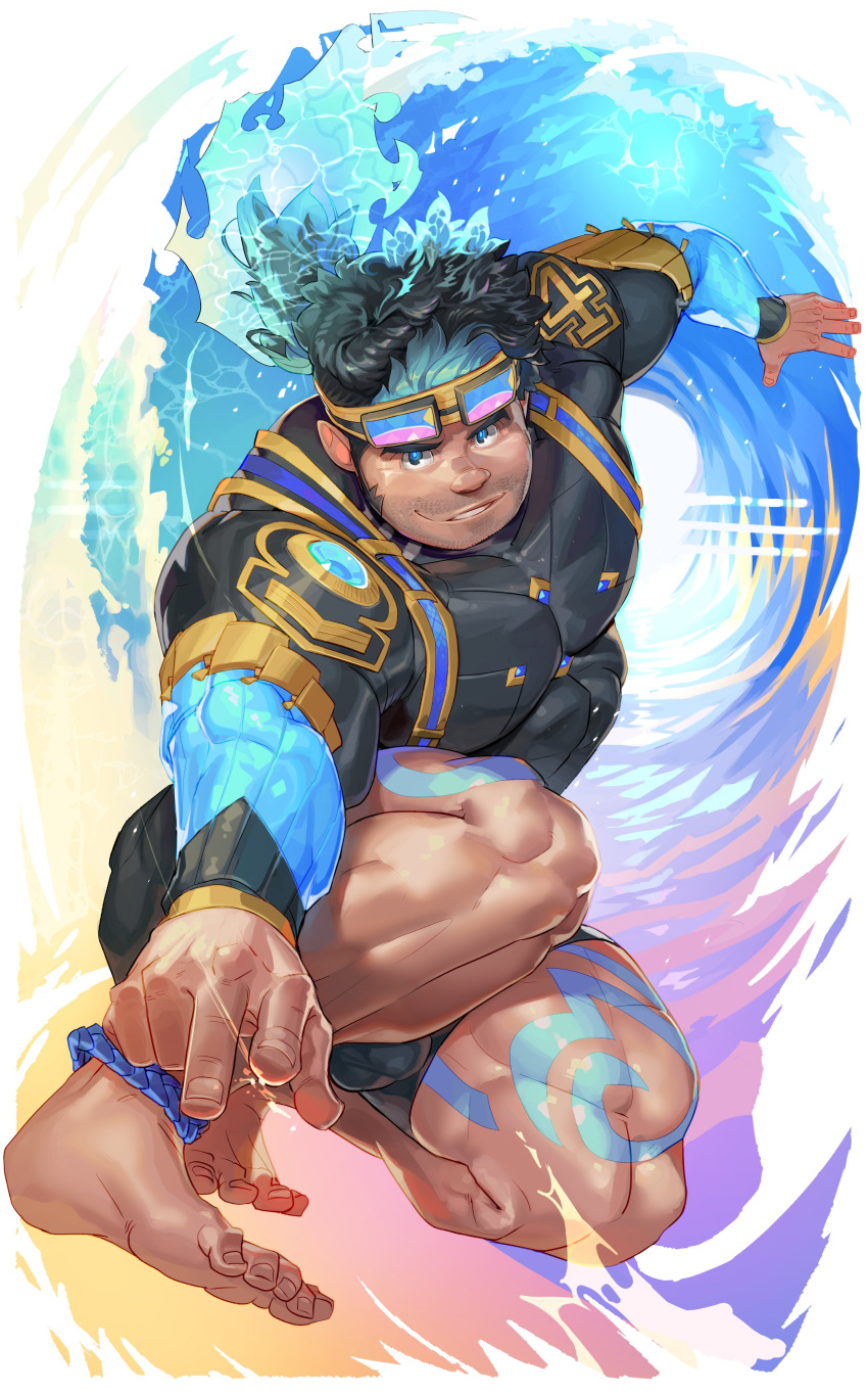 1boy absurdres bara beard biceps black_hair blue_eyes facial_hair goggles highres kalbbang2 large_pectorals male_focus muscular muscular_male ocean original pectorals plump smile surfing tattoo thick_thighs thighs tight