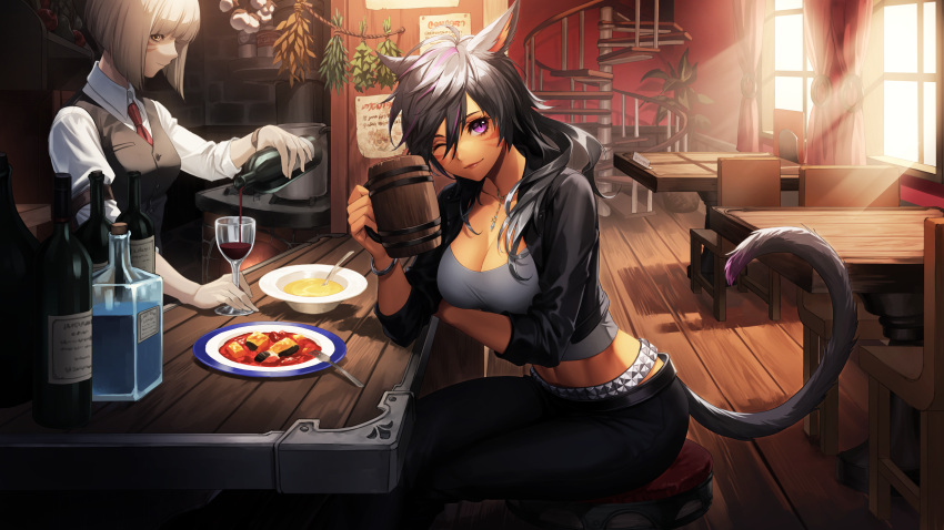 2girls alcohol animal_ears avatar_(ff14) bangs bar bar_stool bartender beer_mug belt black_hair bottle breasts buttons cat_ears cat_girl cat_tail chair cleavage closed_mouth collarbone collared_shirt counter cup curtains day dress_shirt drink drinking_glass elbow_rest facial_mark final_fantasy final_fantasy_xiv fisheye food fork formal grey_hair hair_between_eyes hand_up highres holding holding_bottle holding_cup indoors jacket jewelry large_breasts leaning_forward light_rays linea_alba long_hair looking_at_viewer low_neckline medium_hair midriff miqo'te mug multicolored_hair multiple_girls navel necklace one_eye_closed pale_skin pants plate pouring purple_eyes purple_hair rosa_(hoshino) shirt sitting smile spice stairs stomach stool streaked_hair table tail tan taut_clothes taut_vest toned two-tone_hair vest whisker_markings white_shirt window wine wine_bottle wine_glass wing_collar yellow_eyes