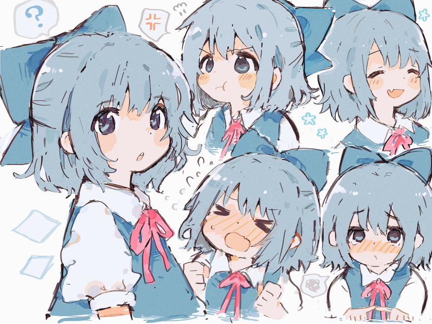 &gt;:( &gt;_&lt; 1girl :o =_= ? anger_vein angry bangs blue_bow blue_dress blue_eyes blue_hair blush bow cirno closed_mouth dress embarrassed flying_sweatdrops hair_bow happy highres ice ice_wings mooosikasite multiple_views neck_ribbon open_mouth pinafore_dress pout puffy_short_sleeves puffy_sleeves red_ribbon ribbon shirt short_hair short_sleeves simple_background spoken_anger_vein spoken_squiggle squiggle tearing_up tears touhou v-shaped_eyebrows white_background white_shirt wings