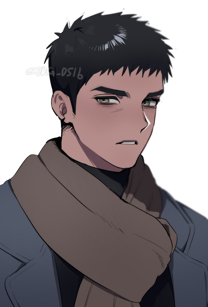 1boy artist_name black_hair black_shirt blue_jacket brown_scarf dark_skin green_eyes highres jacket looking_to_the_side male_focus mongz original scarf serious shirt solo spiked_hair text_focus thick_eyebrows