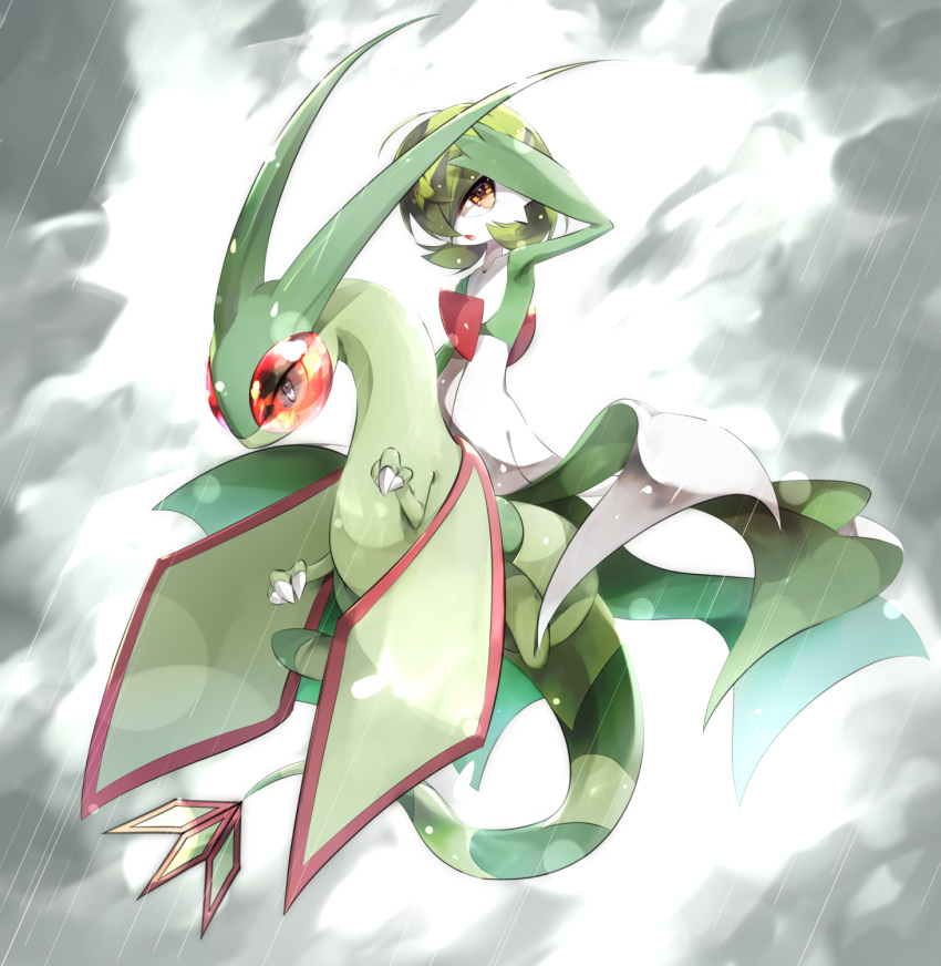 1girl arm_up armpits bangs bob_cut claws cloud cloudy_sky collarbone colored_sclera colored_skin commentary_request dragon flat_chest flygon full_body gardevoir get gorilla_(bun0615) green_hair green_skin grey_eyes hair_over_one_eye highres looking_to_the_side midair multicolored_skin one_eye_covered open_mouth partial_commentary pokemon pokemon_(creature) rain red_eyes red_sclera riding shading_eyes short_hair sky storm two-tone_skin white_skin