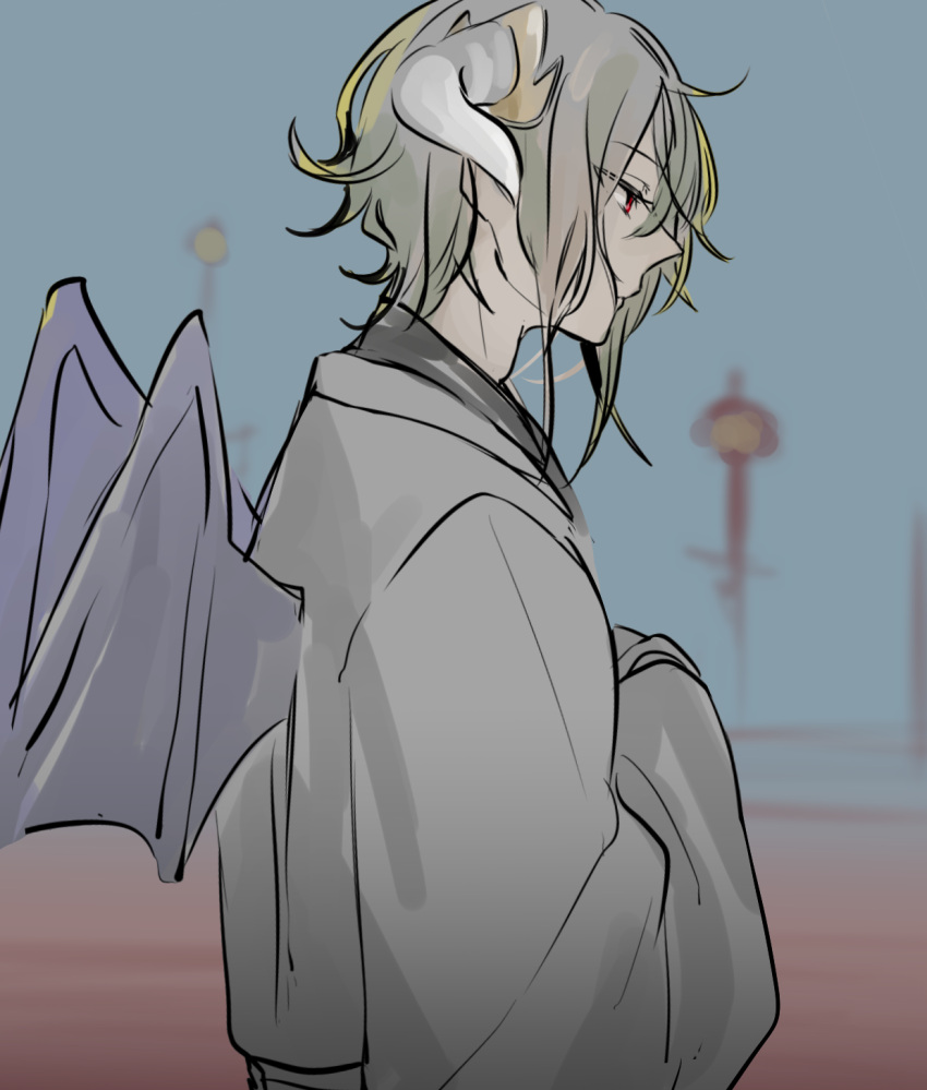 1boy asuma_kanau dragon_boy dragon_horns dragon_wings end_roll facing_to_the_side grey_hair grey_kimono highres horns japanese_clothes kantera_(end_roll) kimono looking_to_the_side male_focus multicolored_background pale_skin profile red_eyes solo wavy_hair wings