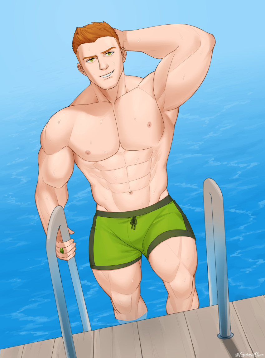 1boy abs absurdres arm_behind_head bara commission dc_comics garbancobean green_eyes green_lantern_(series) green_male_swimwear guy_gardner highres jewelry large_pectorals looking_at_viewer male_focus male_swimwear muscular muscular_male navel nipples orange_hair pectorals pool pool_ladder ring short_hair smile solo teeth thick_thighs thighs topless_male undercut water wet wet_face