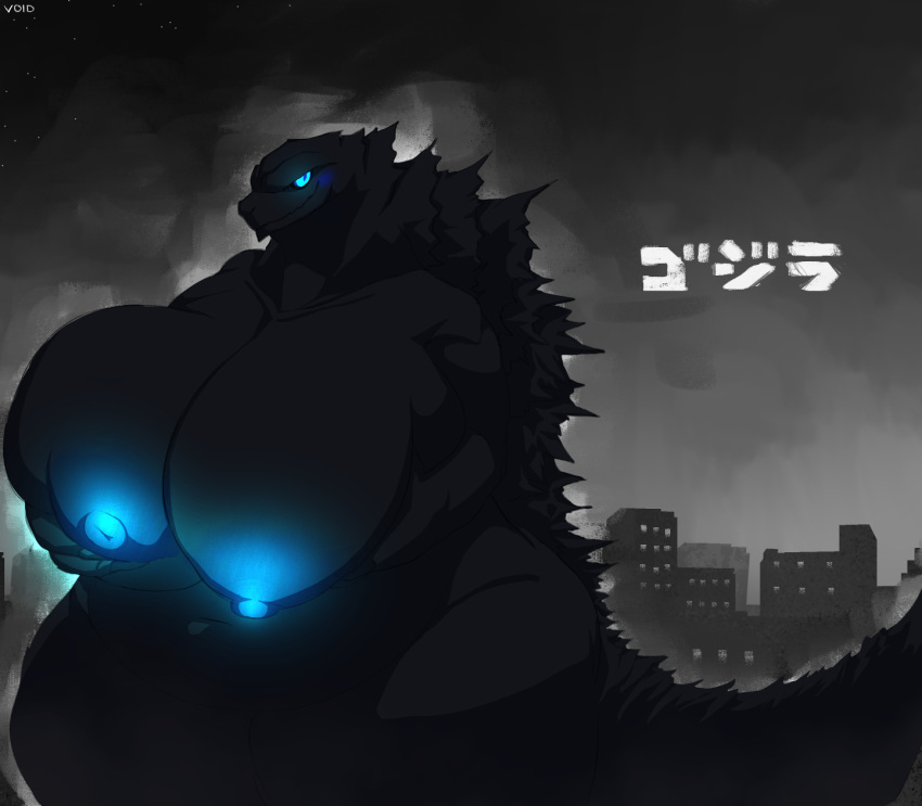 anthro belly big_belly big_breasts big_nipples black_body black_scales blue_eyes breasts city cityscape claws crossgender curvy_figure female glowing glowing_eyes glowing_nipples godzilla godzilla_(series) hi_res holding_breast huge_breasts kaiju looking_at_viewer monster night nipples nude obese overweight scales scalie solo spiked_tail spikes spikes_(anatomy) text thick_thighs toho translated voidcatart voluptuous