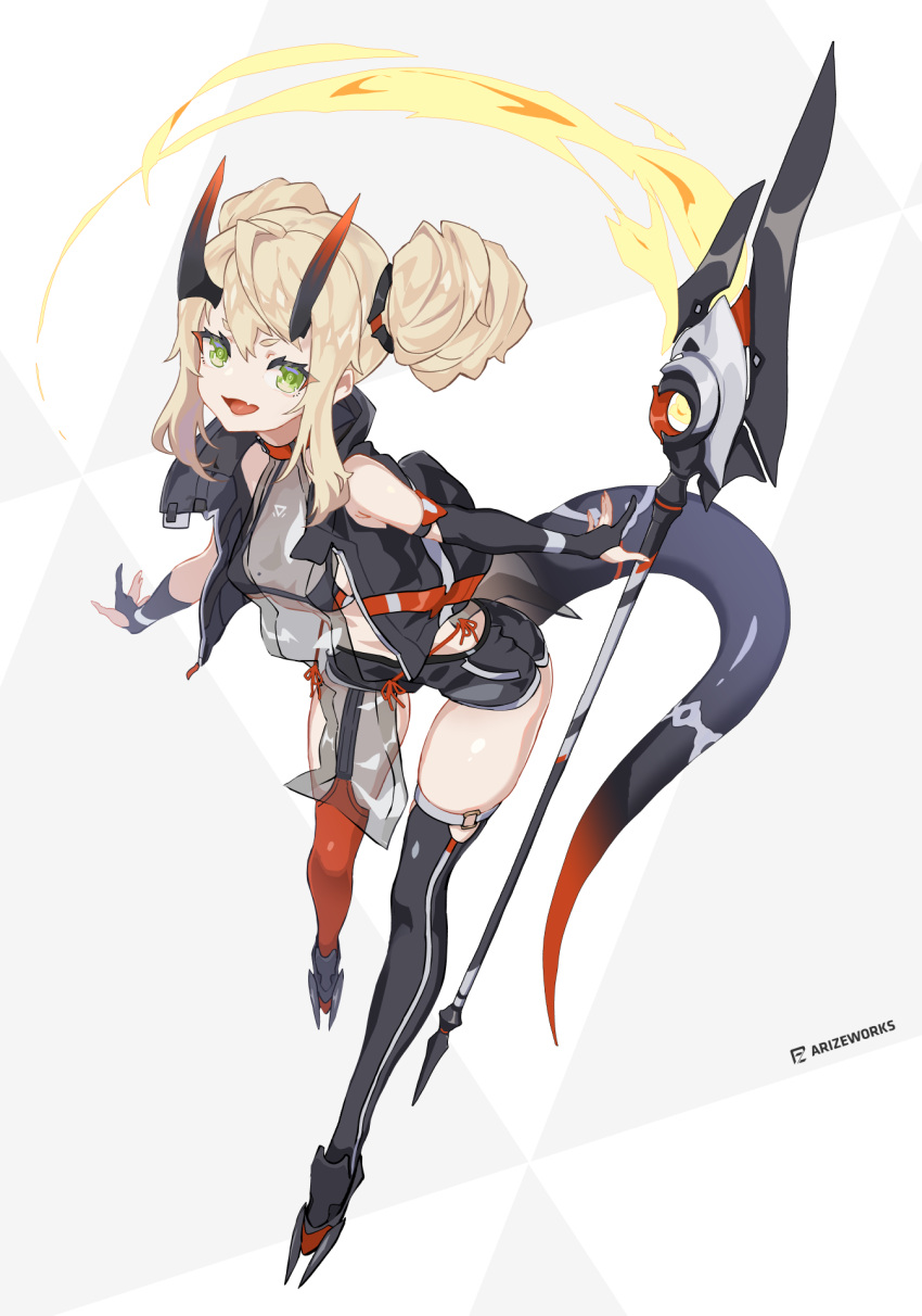 1girl bangs bikini bikini_top_only blonde_hair cancell double_bun dragon_horns dragon_tail fang green_eyes highres holding holding_weapon horns looking_at_viewer open_mouth original science_fiction shorts skin_fang swimsuit tail thighhighs weapon white_background