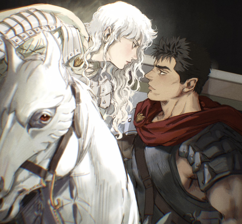 2boys armor armored_animal bangs barding berserk black_hair blurry cape closed_mouth depth_of_field dragonslayer_(sword) eye_contact face-to-face griffith_(berserk) guts_(berserk) highres horseback_riding leaning_forward leaning_on_person long_hair looking_at_another male_focus multiple_boys muscular muscular_male pauldrons profile red_cape red_eyes riding scar scar_on_face scar_on_nose shoulder_armor sleeveless sword thisuserisalive upper_body wavy_hair weapon white_cape white_hair