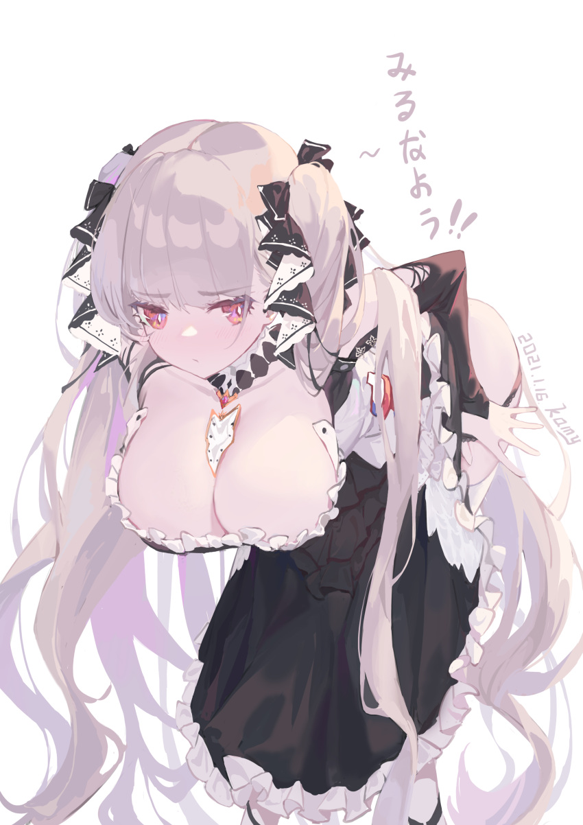 1girl absurdres artist_name azur_lane bangs black_dress black_panties black_ribbon black_sleeves blush breasts chinese_commentary cleavage closed_mouth commentary_request dated detached_sleeves dress eyebrows_visible_through_hair feet_out_of_frame formidable_(azur_lane) grey_hair hair_ribbon highres kami_otona large_breasts leaning_forward long_hair looking_at_viewer panties panty_pull pout pulled_by_self red_eyes ribbon simple_background solo translation_request twintails underwear undressing very_long_hair white_background