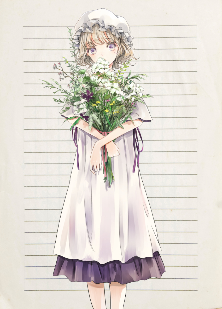 1girl adapted_costume bangs blonde_hair blunt_bangs bouquet commentary covered_mouth dress eyebrows_visible_through_hair feet_out_of_frame flower hat highres holding holding_bouquet layered_clothing looking_at_viewer maribel_hearn mob_cap poteimo_(poteimo622) purple_dress purple_eyes purple_flower purple_ribbon red_ribbon ribbon short_hair simple_background solo standing touhou white_dress white_flower white_headwear yellow_flower