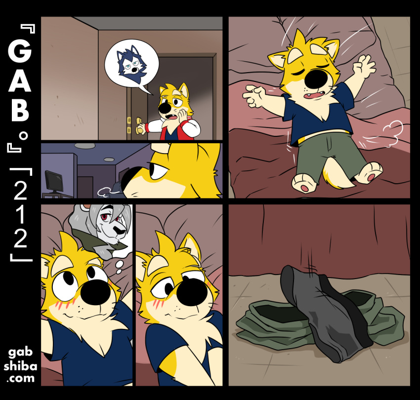 alone_time anthro barefoot bau_husky bed bedroom black_nose blush bottomwear calling canid canine canis clothed clothing comic discarded_bottomwear discarded_underwear domestic_dog feet felid fur furniture gab_(comic) gab_shiba gabshiba gray_boxer_briefs green_bottomwear green_clothing green_pants grey_clothing grey_underwear husky imminent_masturbation inside lion lying lying_on_bed male mammal mane nordic_sled_dog on_back on_bed pantherine pants pictographics red_eyes shiba_inu solo speech_bubble spitz text thinking_about_another thought_bubble underwear undressing_self url white_body white_fur white_mane yellow_body yellow_fur