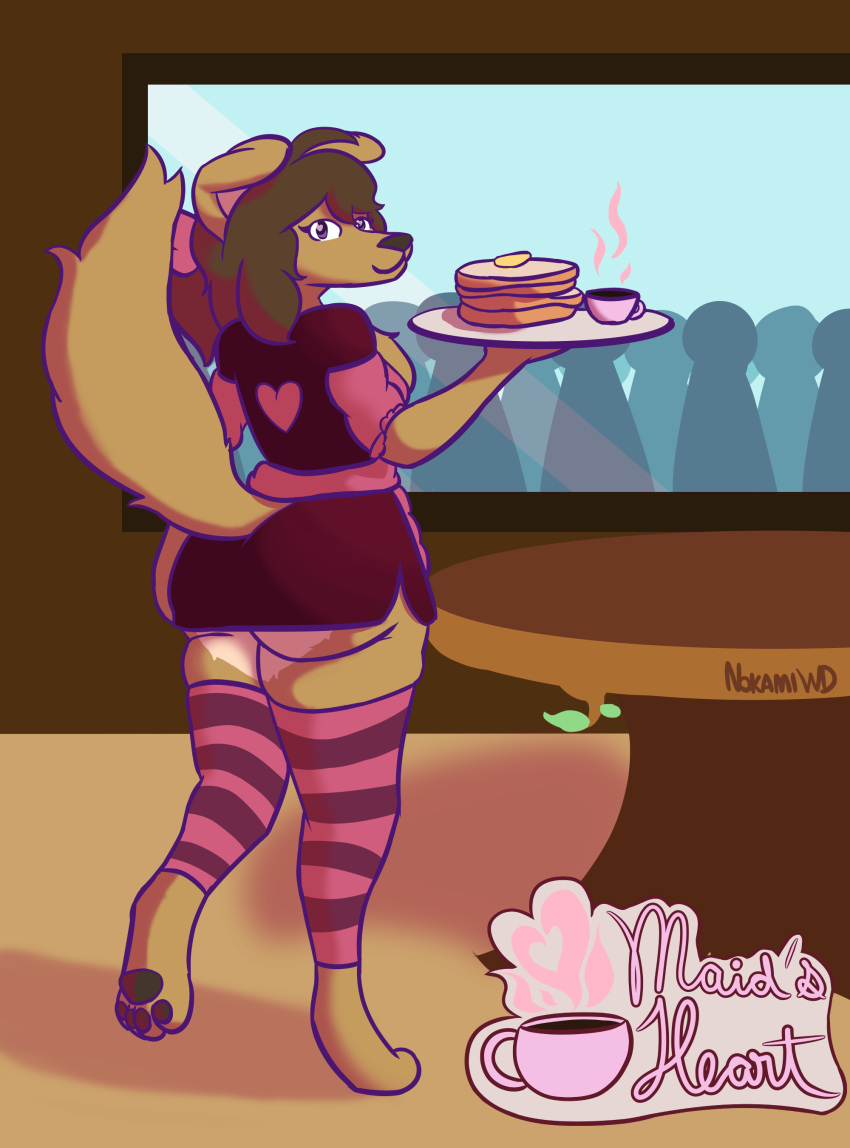 absolute_territory absurd_res anthro big_butt butt chest_tuft clothed clothing digital_media_(artwork) female food hi_res holding_object huge_butt july_shepherd_(nokamiwd) maid_uniform nokamiwd pancake pawpads raised_leg simple_background smile solo standing thick_thighs tuft uniform wide_hips