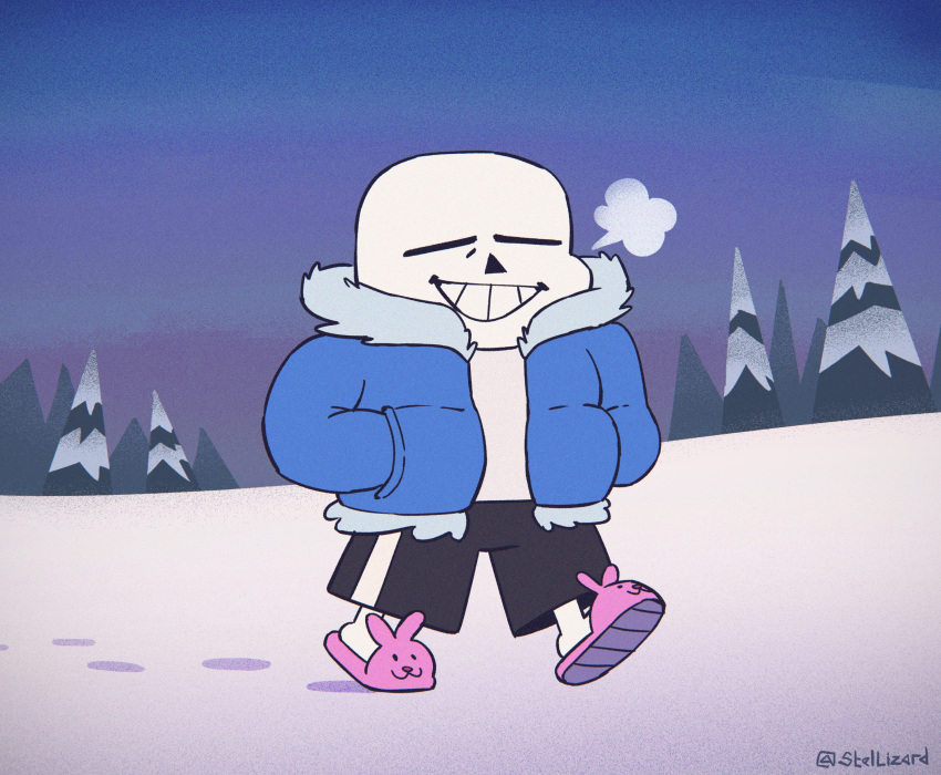 absurd_res animated_skeleton blue_clothing blue_jacket blue_topwear bone bottomwear clothing eyes_closed footwear hi_res humanoid jacket male outside pink_clothing pink_footwear sans_(undertale) shorts skeleton slippers snow solo stellizard teeth topwear undead undertale_(series) white_body