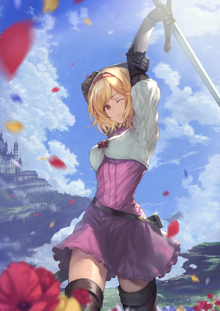 1girl absurdres arm_up bangs blonde_hair boots bow breasts castle cloud cowboy_shot day djeeta_(granblue_fantasy) dress fighter_(granblue_fantasy) floating_island flower gauntlets granblue_fantasy hair_intakes highres holding holding_own_arm holding_sword holding_weapon long_sleeves looking_at_viewer medium_breasts one_eye_closed outdoors petals pink_dress sheath short_hair smile solo sword thigh_boots thighhighs weapon yasu_(segawahiroyasu)