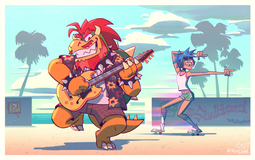 2d_(gorillaz) anthro beach beard blue_hair bottomwear bowser bracelet claws clothed clothing collar duo eyebrows facial_hair floral_print footwear gorillaz guitar hair hi_res horn human jewelry koopa male mammal mario_bros musical_instrument nintendo open_clothing open_shirt open_topwear outside plucked_string_instrument red_hair reptile rollerskates scalie seaside shell shirt shoes shorts socks spiked_bracelet spiked_collar spiked_shell spikes spikes_(anatomy) stellizard string_instrument tank_top topwear video_games