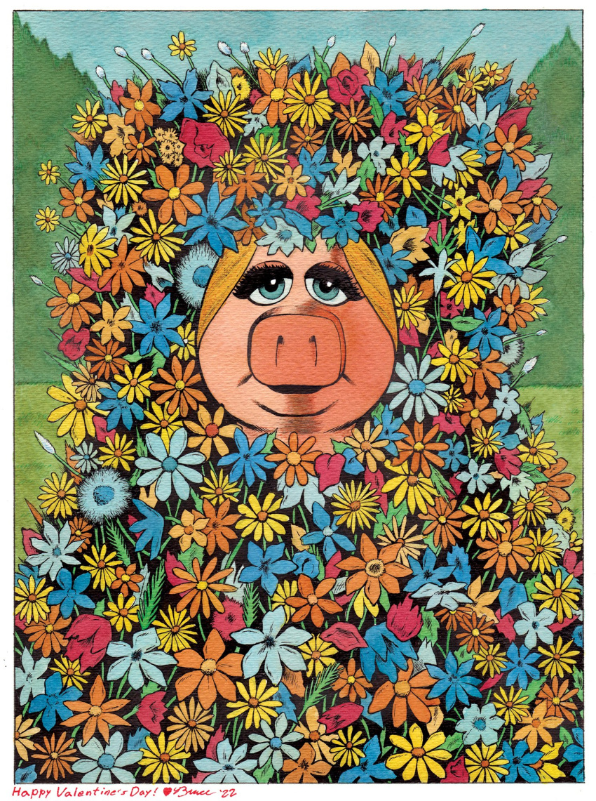 &lt;3 2022 anthro blonde_hair blue_eyes border bruce_mccorkindale crossover domestic_pig female flower flower_petals flowers_in_hair forest hair hi_res looking_at_viewer mammal midsommar miss_piggy muppet muppets parody petals pink_body pink_skin plant rose_(flower) signature snout solo suid suina sunflower sus_(pig) the_muppet_show tree white_border