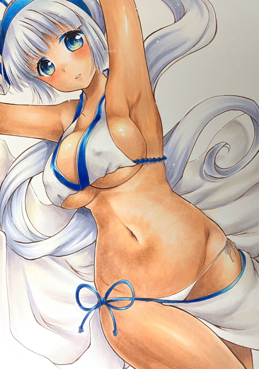 1girl armpits arms_up bangs blue_eyes blush breasts covered_nipples dark-skinned_female dark_skin highres large_breasts long_hair looking_at_viewer majikina_mina navel panties parted_lips sarong snk solo traditional_media underwear very_long_hair white_hair white_panties white_sarong yuuna_katsumi