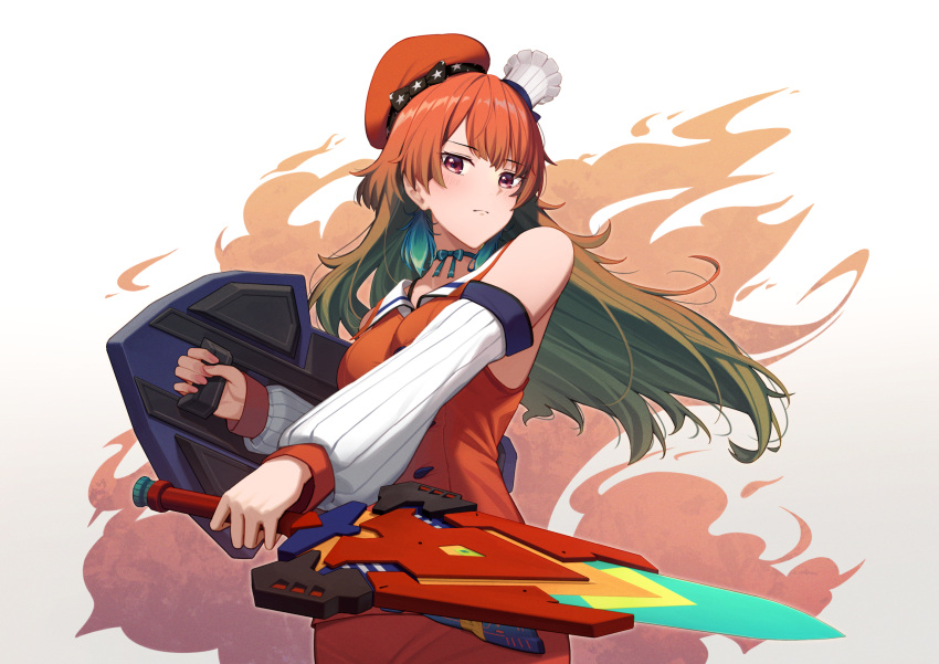 1girl bangs beret blush breasts chef_hat choker closed_mouth detached_sleeves earrings erezu expressionless feather_earrings feathers fiery_background fire green_hair hat highres holding holding_shield holding_sword holding_weapon hololive hololive_english jewelry mini_hat orange_hair orange_headwear orange_shirt orange_skirt red_eyes ribbon_choker shield shirt skirt sleeveless sleeveless_shirt solo sword takanashi_kiara virtual_youtuber weapon white_background white_headwear