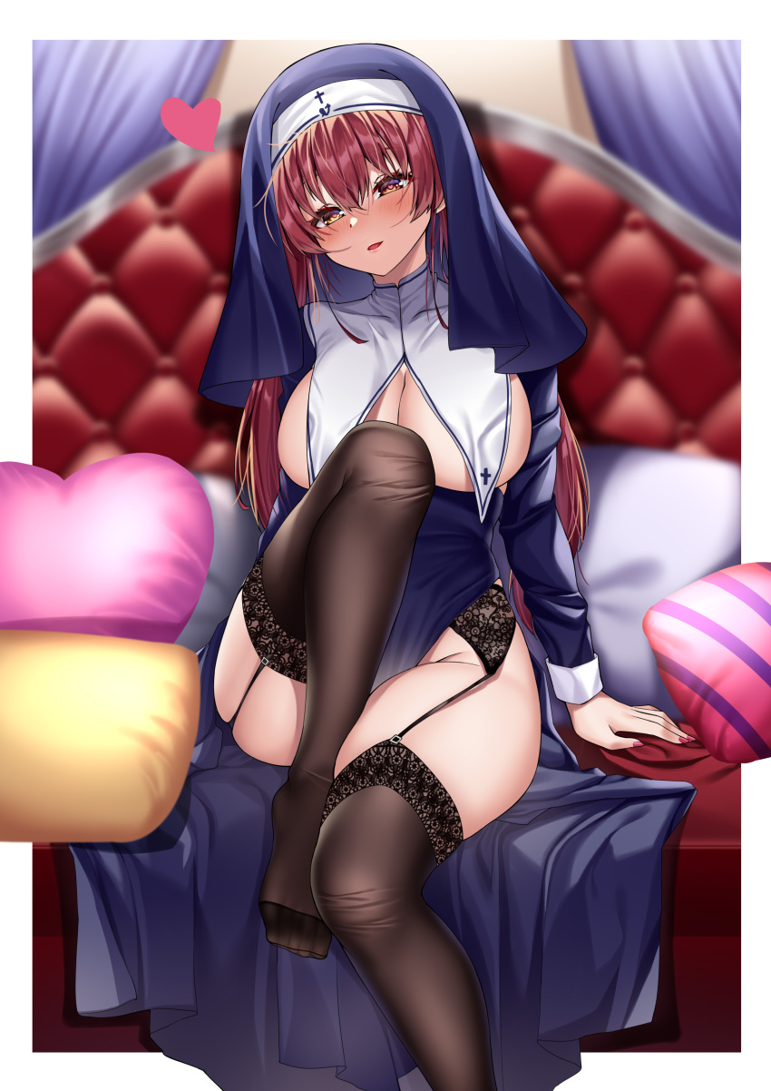 1girl absurdres black_legwear border breasts breasts_out couch garters habit heart highres hololive houshou_marine kneehighs large_breasts leg_up long_hair nun open_mouth pillow red_eyes red_hair sitting solo thighs tufang underboob virtual_youtuber white_border