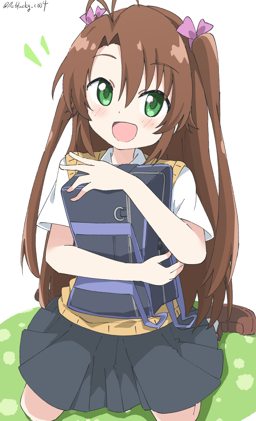 1girl absurdres ahoge bag bangs brown_hair cynical_(llcbluckg_c004) green_eyes grey_skirt hair_between_eyes hair_ribbon highres holding holding_bag koshigaya_komari light_blush long_hair non_non_biyori notice_lines open_mouth ribbon school_bag shirt short_sleeves simple_background sitting skirt smile solo sweater_vest twintails twitter_username wariza white_background white_shirt yellow_sweater_vest