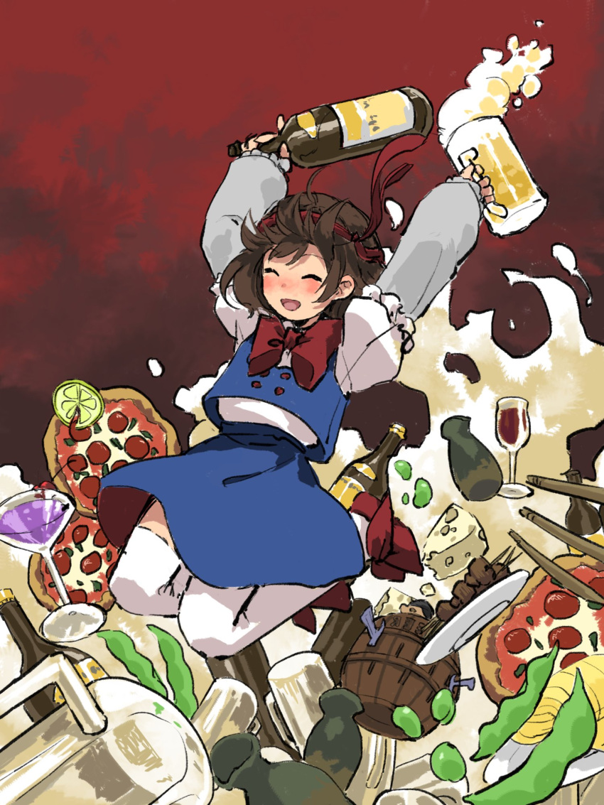 1girl ^_^ alcohol arms_up asama_isami barrel beer beer_bottle beer_mug blue_skirt blue_vest blush bow bow_footwear bowtie brown_hair buttons closed_eyes commentary_request cup drinking_glass drunk foam food frilled_sleeves frills fruit gradient gradient_background grey_shirt happy highres holding holding_cup huge_bowtie kaigen_1025 layered_sleeves legs_up lemon lemon_slice long_sleeves mug necktie necktie_on_head open_mouth pizza puffy_short_sleeves puffy_sleeves red_background red_bow red_bowtie red_footwear red_necktie shirt short_hair short_over_long_sleeves short_sleeves simple_background skirt thighhighs uwabami_breakers vest white_legwear white_shirt wine wine_glass zettai_ryouiki