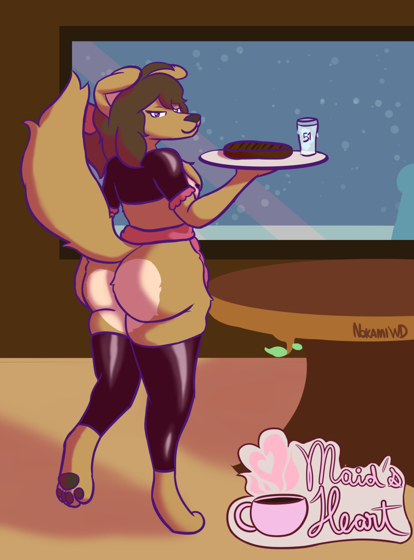 absurd_res alcohol anthro beef beverage big_breasts big_butt breasts butt chest_tuft clothed clothing digital_media_(artwork) female food hair hi_res huge_butt july_shepherd_(nokamiwd) latex_clothing latex_stockings looking_at_viewer maid_apron meat nipples nokamiwd pasties simple_background skimpy smile solo steak thick_thighs tuft wide_hips