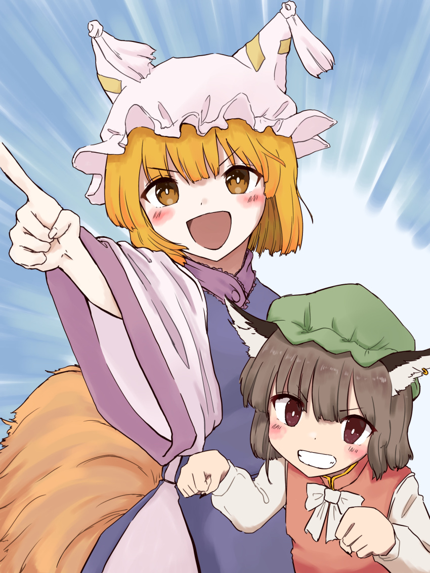 2girls :d animal_ears bangs black_nails blonde_hair blue_background blue_tabard blunt_bangs blush bow bowtie bright_pupils brown_hair chen chisato_toho commentary_request emphasis_lines eyebrows_visible_through_hair fox_ears fox_tail grin hat highres long_sleeves multiple_girls multiple_tails nail_polish open_mouth paw_pose pillow_hat pointing purple_eyes red_vest short_hair simple_background sleeves_past_elbows smile tail touhou upper_body v-shaped_eyebrows vest white_bow white_bowtie white_pupils wide_sleeves yakumo_ran yellow_eyes