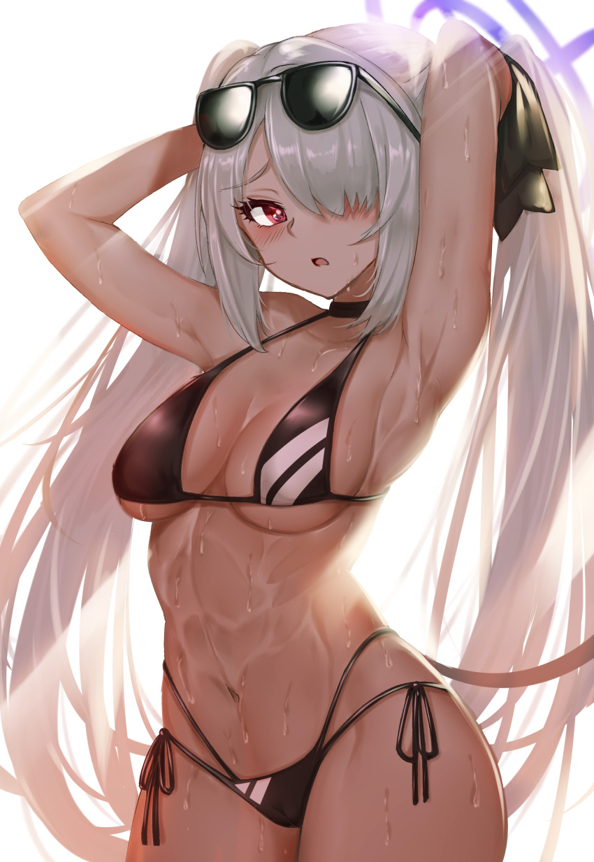 1girl abs absurdres arm_up armpits bikini black_bikini black_choker black_ribbon blue_archive blush breasts choker cleavage collarbone cowboy_shot dark-skinned_female dark_skin eyewear_on_head hair_over_one_eye halo highres iori_(blue_archive) large_breasts light_rays long_hair looking_at_viewer makumaxu navel open_mouth purple_eyes ribbon side-tie_bikini silver_hair simple_background solo stomach sunglasses swimsuit twintails very_long_hair wet white_background