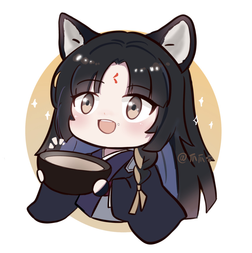 1girl :d animal_ears arknights bangs black_hair blue_hair blush bowl brown_background chibi commentary_request cropped_torso dog_ears eyebrows_visible_through_hair facial_mark food food_on_face forehead_mark highres holding holding_bowl japanese_clothes kimono long_hair long_sleeves multicolored_hair parted_bangs purple_kimono saga_(arknights) smile solo sparkle teeth twitter_username two-tone_background two-tone_hair upper_body upper_teeth very_long_hair white_background wide_sleeves zhuazhua070