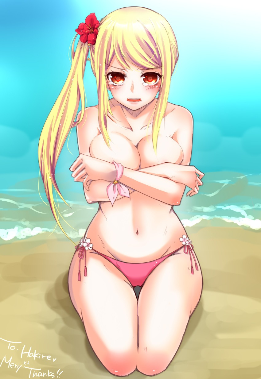 1girl absurdres alternate_costume arm_ribbon bangs bare_shoulders beach bikini blonde_hair blush breasts cleavage collarbone commentary_request covering covering_breasts crossed_arms embarrassed fairy_tail highres large_breasts looking_at_viewer lucy_heartfilia morizuki_yuma navel one_side_up open_mouth parted_lips pink_bikini pov red_eyes ribbon seiza sidelocks sitting solo stomach swimsuit tearing_up tears teeth thighs tongue upper_teeth water