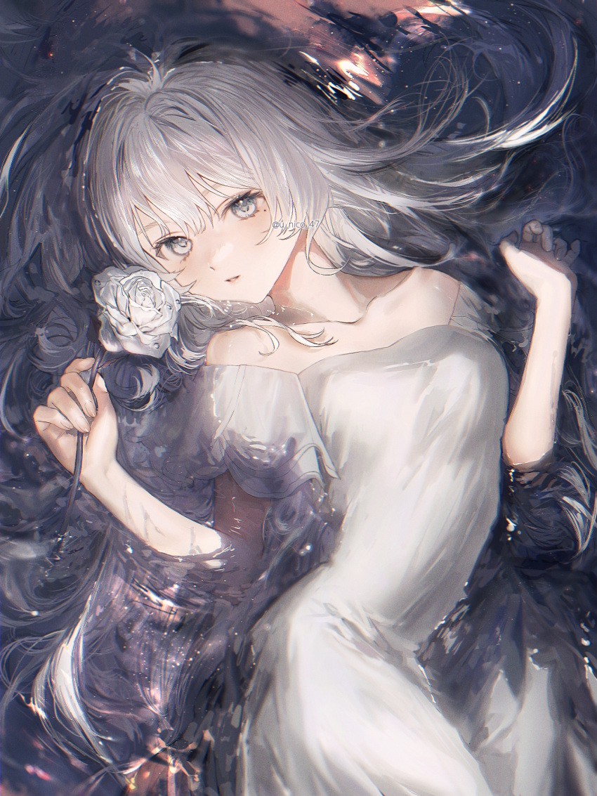 1girl bangs bare_arms breasts collarbone dress flower from_above grey_eyes hair_between_eyes highres holding holding_flower long_hair lying mole mole_under_eye off-shoulder_dress off_shoulder on_back original parted_lips rose silver_hair small_breasts solo twitter_username u_nico_47 very_long_hair water_surface white_dress white_flower white_rose