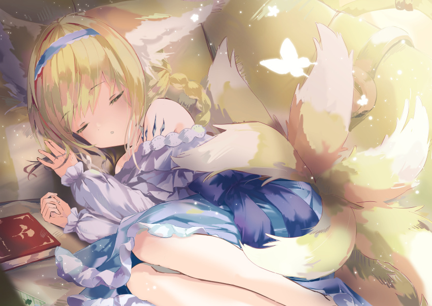 1girl absurdres animal_ears arknights bangs blonde_hair blue_dress blue_headwear book braid bug butterfly child closed_eyes couch dress eyebrows_visible_through_hair fetal_position fox_ears fox_girl fox_tail hand_in_hair headband headphones highres legs_folded light_particles light_rays long_sleeves lying off-shoulder_dress off_shoulder on_couch oripathy_lesion_(arknights) parted_lips sidelocks sleeping solo suzuran_(arknights) tail