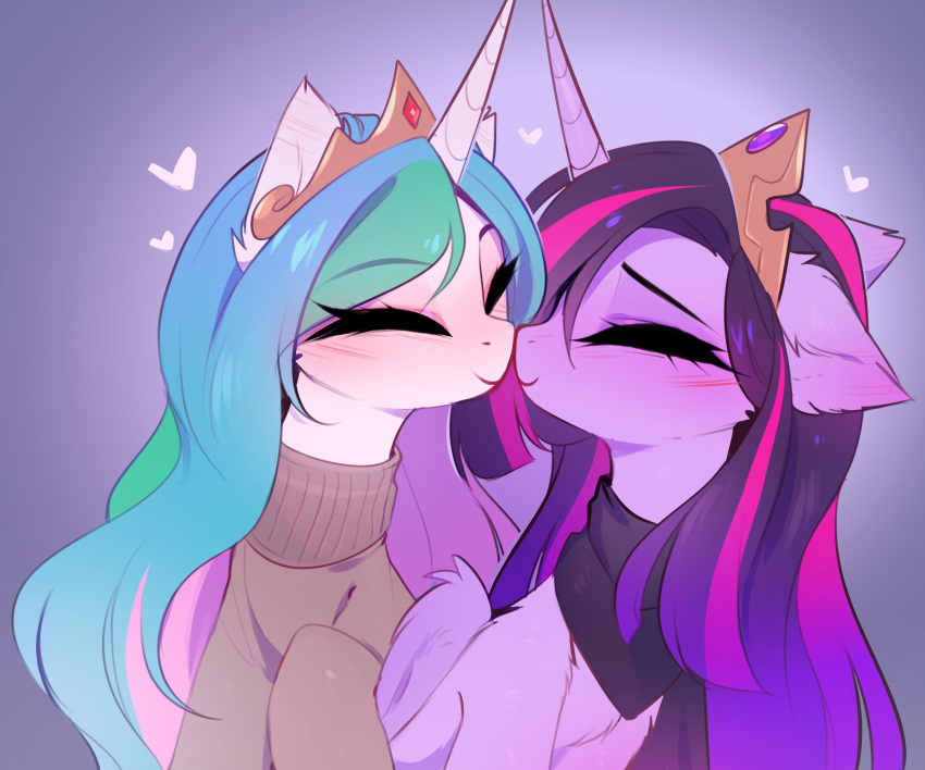 &lt;3 absurd_res blue_hair blush clothing crown duo equid equine eyelashes female female/female feral friendship_is_magic fur green_hair hair happy hasbro hi_res horn long_hair magnaluna mammal multicolored_hair my_little_pony nuzzling pink_hair princess_celestia_(mlp) purple_body purple_fur purple_hair sweater topwear twilight_sparkle_(mlp) white_body white_fur winged_unicorn wings