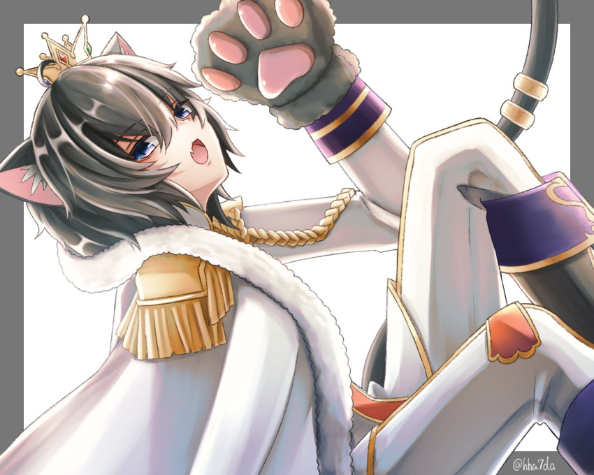 1boy animal_ears black_hair blue_eyes blue_footwear boots cape cat_boy cat_ears cat_tail crown fangs hha7da highres indie_virtual_youtuber leaning_back long_sleeves male_focus nekonokami_kuro open_mouth pale_skin pants prince royal solo tail virtual_youtuber white_background white_legwear white_pants