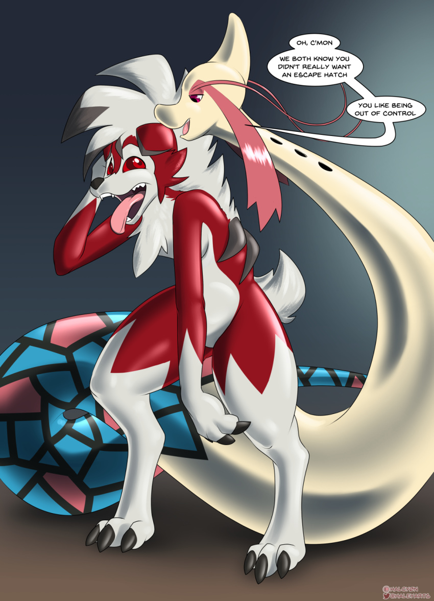 anthro clothing dialogue duo female feral halcy0n hi_res human lycanroc mammal midnight_lycanroc milotic mind_control nintendo pok&eacute;mon pok&eacute;mon_(species) rubber rubber_clothing rubber_suit species_transformation suit_transformation transformation video_games