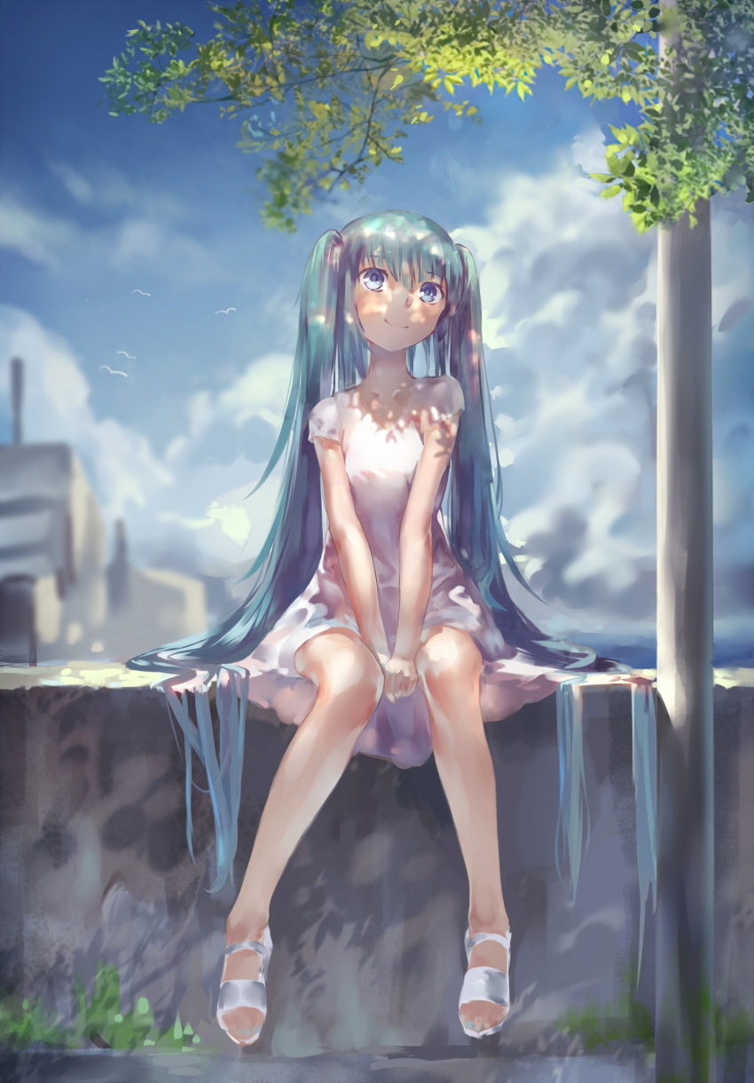 1girl aqua_hair azomo blue_eyes cloud cloudy_sky commentary concrete dappled_sunlight day dress foot_dangle full_body green_hair hatsune_miku head_tilt highres long_hair looking_up nail_polish on_wall outdoors own_hands_together pole revision sandals shadow short_sleeves sitting sky smile solo sunlight toenail_polish toenails tree tree_shade twintails v_arms very_long_hair vocaloid wall white_dress