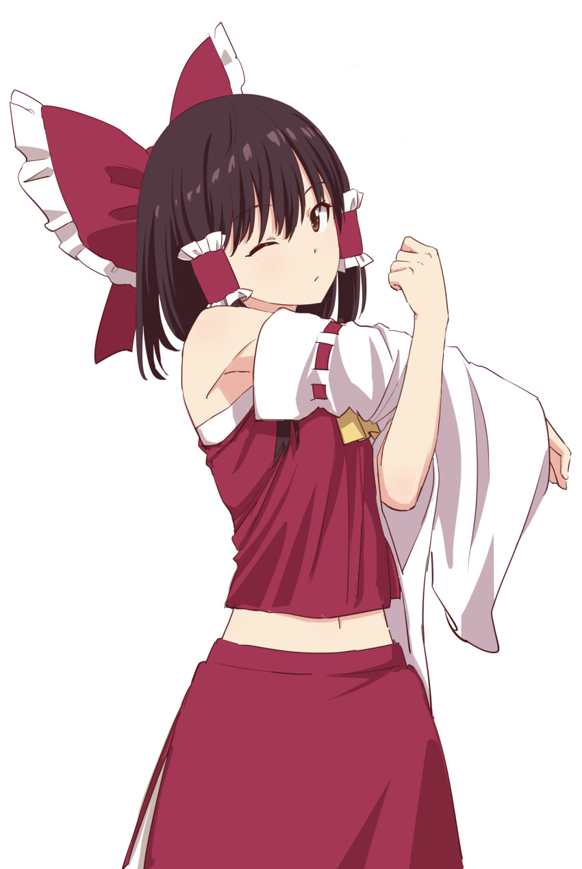 1girl armpits ascot bare_shoulders black_hair bow chest_sarashi detached_sleeves duplicate exercise frilled_bow frills hair_bow hair_tubes hakurei_reimu highres leon_(mikiri_hassha) looking_at_viewer navel nontraditional_miko one_eye_closed pixel-perfect_duplicate red_bow red_shirt sarashi shirt short_hair sidelocks simple_background skirt solo stretch touhou white_background yellow_ascot