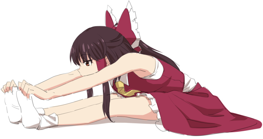 1girl armpits bow brown_hair detached_sleeves duplicate exercise eyebrows_visible_through_hair frilled_bow frills hair_bow hair_tubes hakurei_reimu japanese_clothes leon_(mikiri_hassha) medium_hair miko nontraditional_miko pixel-perfect_duplicate red_bow red_eyes sidelocks simple_background sitting sleeveless socks solo stretch touhou white_background