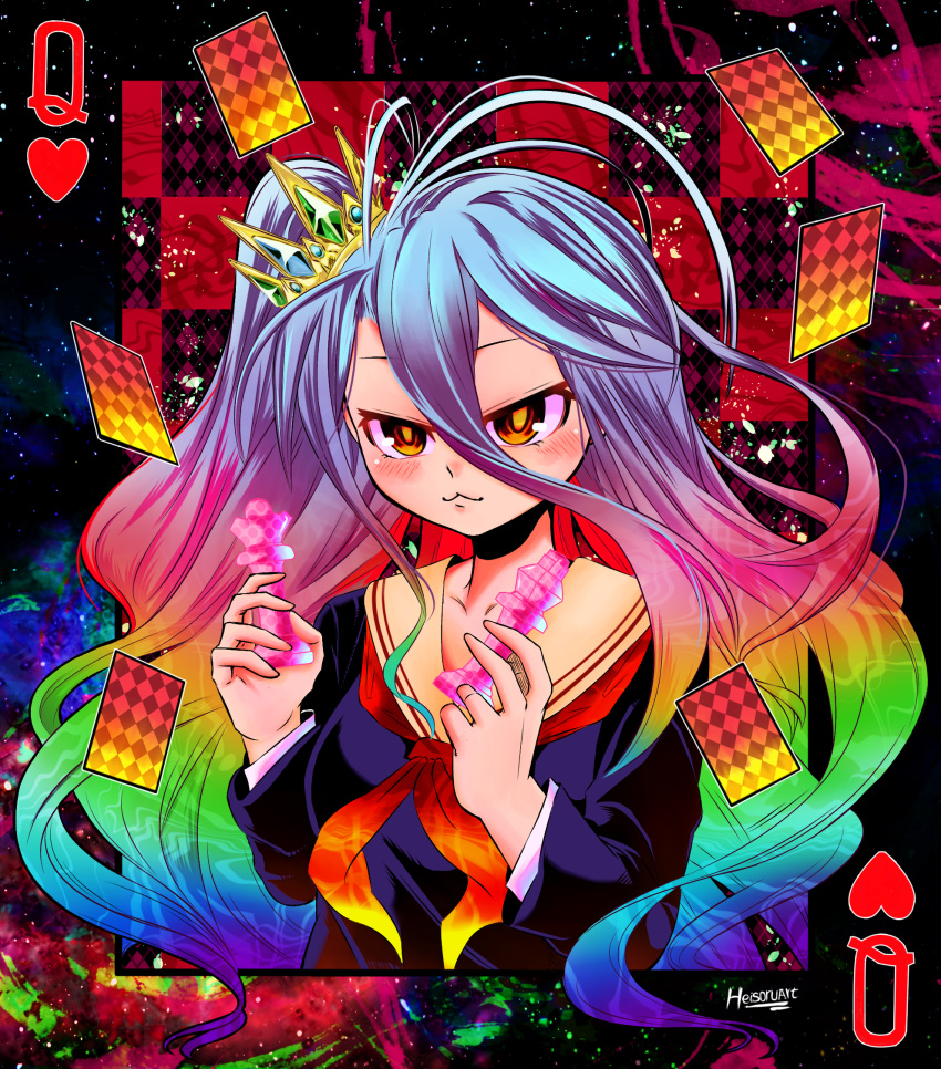 1girl :3 artist_name card chess_piece child closed_mouth collarbone commentary_request crown drawing forehead gem heisoruxartworks highres holding king_(chess) long_sleeves multicolored_hair no_game_no_life queen_(chess) queen_of_spades rainbow_gradient rainbow_hair shiro_(no_game_no_life) solo sparkle upper_body yellow_eyes