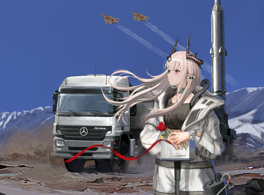 1girl absurdres aircraft airplane arknights bangs black_bra blue_sky bra closed_mouth commentary_request f-14_tomcat fighter_jet flower ground_vehicle hair_ornament highres holding holding_flower horns iran jet jumpsuit long_hair looking_at_viewer looking_up mercedes-benz mercedes-benz_actros military military_vehicle mirroraptor missile missile_vehicle motor_vehicle mountain mudrock_(arknights) oripathy_lesion_(arknights) outdoors pointy_ears radio_antenna red_eyes red_ribbon ribbon rose semi_truck silver_hair sky snow solo sports_bra standing trailer truck underwear white_jumpsuit