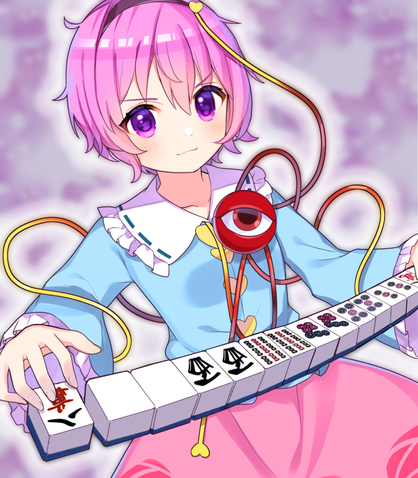 blouse blue_blouse breasts caracorn closed_mouth collared_blouse eyeball floral_print frilled_blouse frilled_sleeves frills heart highres komeiji_satori long_sleeves looking_at_viewer mahjong pink_hair pink_skirt purple_background purple_eyes ribbon-trimmed_collar ribbon_trim short_hair skirt small_breasts smile third_eye touhou touhou_unreal_mahjong wide_sleeves
