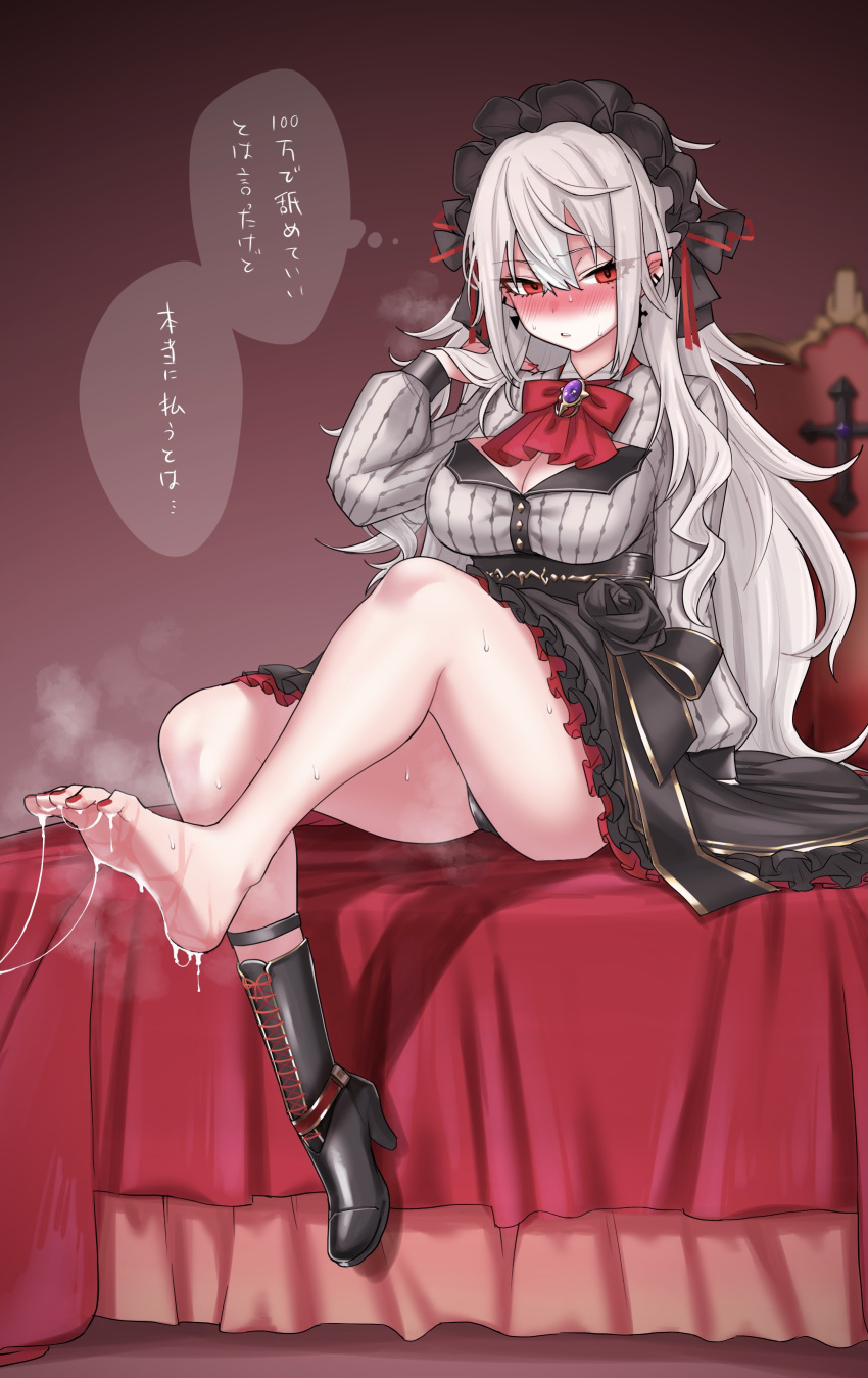1girl absurdres after_footjob akkgsyk bangs barefoot bed black_footwear blush boots bow breasts cleavage cum cum_on_feet dress ear_piercing feet foot_focus frills genderswap genderswap_(mtf) hand_in_hair high_heel_boots high_heels highres jewelry kuzuha_(nijisanji) large_breasts long_hair long_sleeves nail_polish nijisanji on_bed piercing pointy_ears red_bow red_eyes red_nails shoes silver_hair single_shoe sitting soles steam thought_bubble toenail_polish toenails toes translation_request very_long_hair virtual_youtuber
