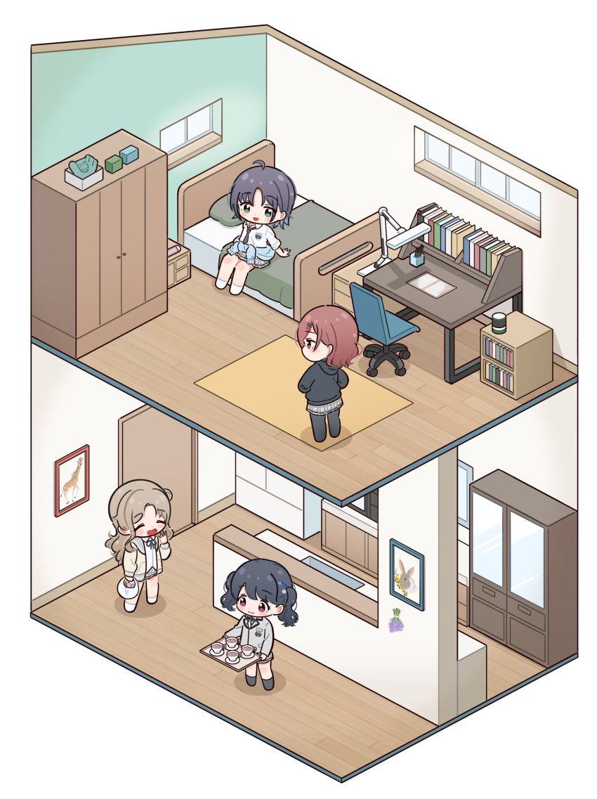 4girls absurdres ahoge asakura_tooru bed bedroom black_hair black_legwear blazer blue_eyes brown_hair cabinet carpet chair closed_eyes clothes_around_waist commentary_request cup desk earrings fangs floorplan flower fukumaru_koito gradient_hair grey_jacket grey_skirt hair_flower hair_ornament hairclip highres higuchi_madoka ichikawa_hinana idolmaster idolmaster_shiny_colors interior isometric jacket jacket_around_waist jewelry long_hair miniskirt mokume_rin multicolored_hair multiple_girls noctchill_(idolmaster) on_bed pantyhose plaid plaid_skirt pleated_skirt purple_eyes school_uniform shelf shirt short_hair sitting sitting_on_bed skin_fangs skirt sweatshirt teacup twintails white_shirt window wooden_floor