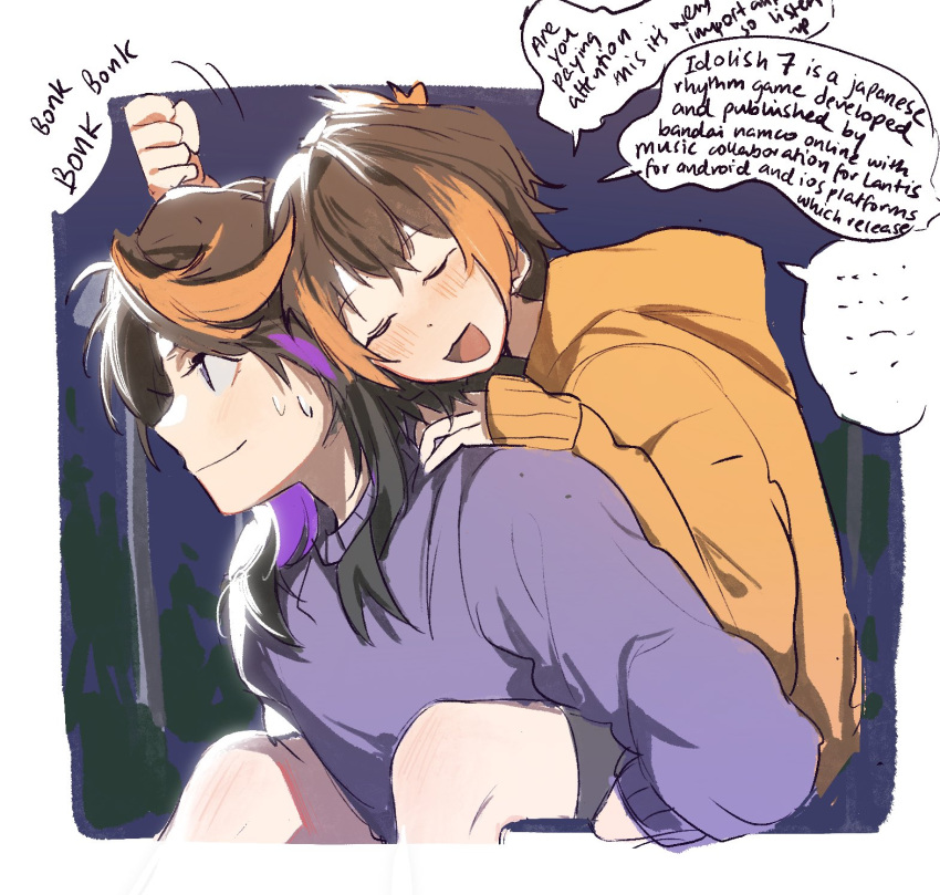 1boy 1girl bad_id bad_twitter_id blush bonk brown_hair clenched_hand english_text highres hood hoodie mei_(adomanju) multicolored_hair nijisanji nijisanji_en orange_hair orange_hoodie petra_gurin purple_hair purple_sweater shu_yamino sleep_talking sleeping smile speech_bubble streaked_hair sweatdrop sweater virtual_youtuber