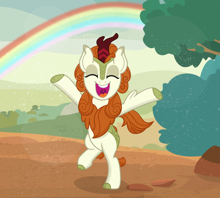 2018 autumn_blaze_(mlp) equine eyes_closed female feral friendship_is_magic green_scales hair hi_res kirin mammal my_little_pony nature open_mouth orange_hair outside rainbow scales scalie shadow shutterflyeqd smile solo tree